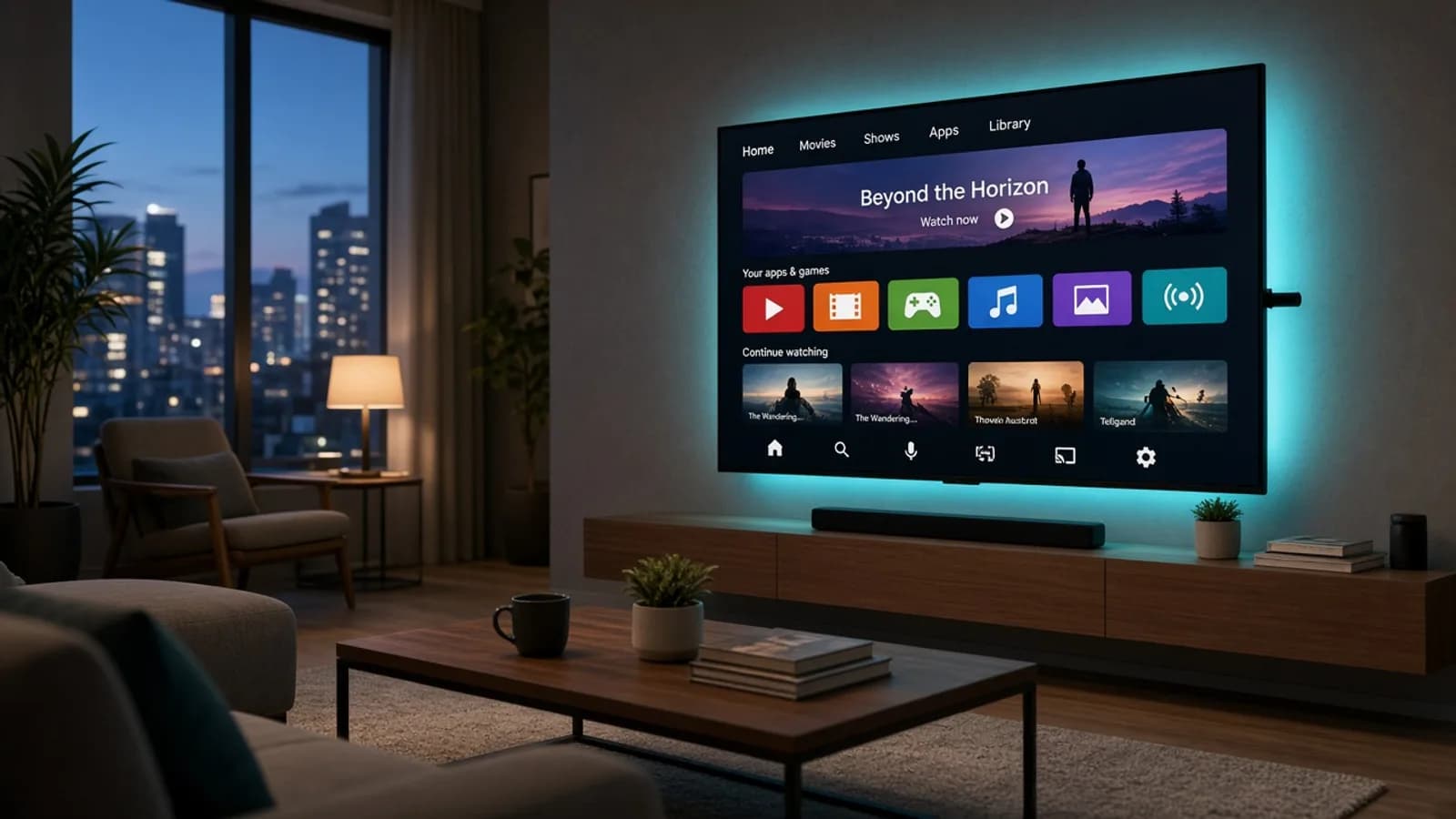 Wohnzimmer mit Android TV Oberfläche am Fernseher