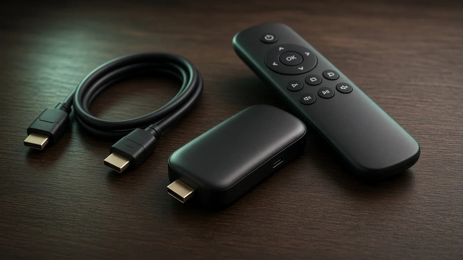 Android TV Stick und Fernbedienung auf dem Tisch